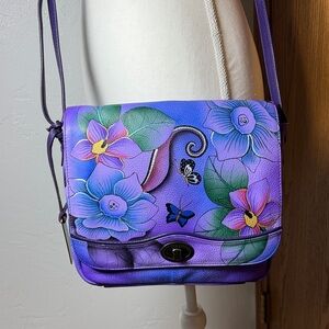 Anuschka purple leather w painted flowers crossbody bag